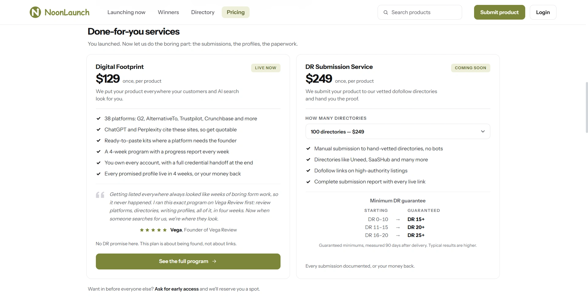 NoonLaunch pricing showing the live $129 Digital Footprint program and the $249 100-directory DR Submission plan