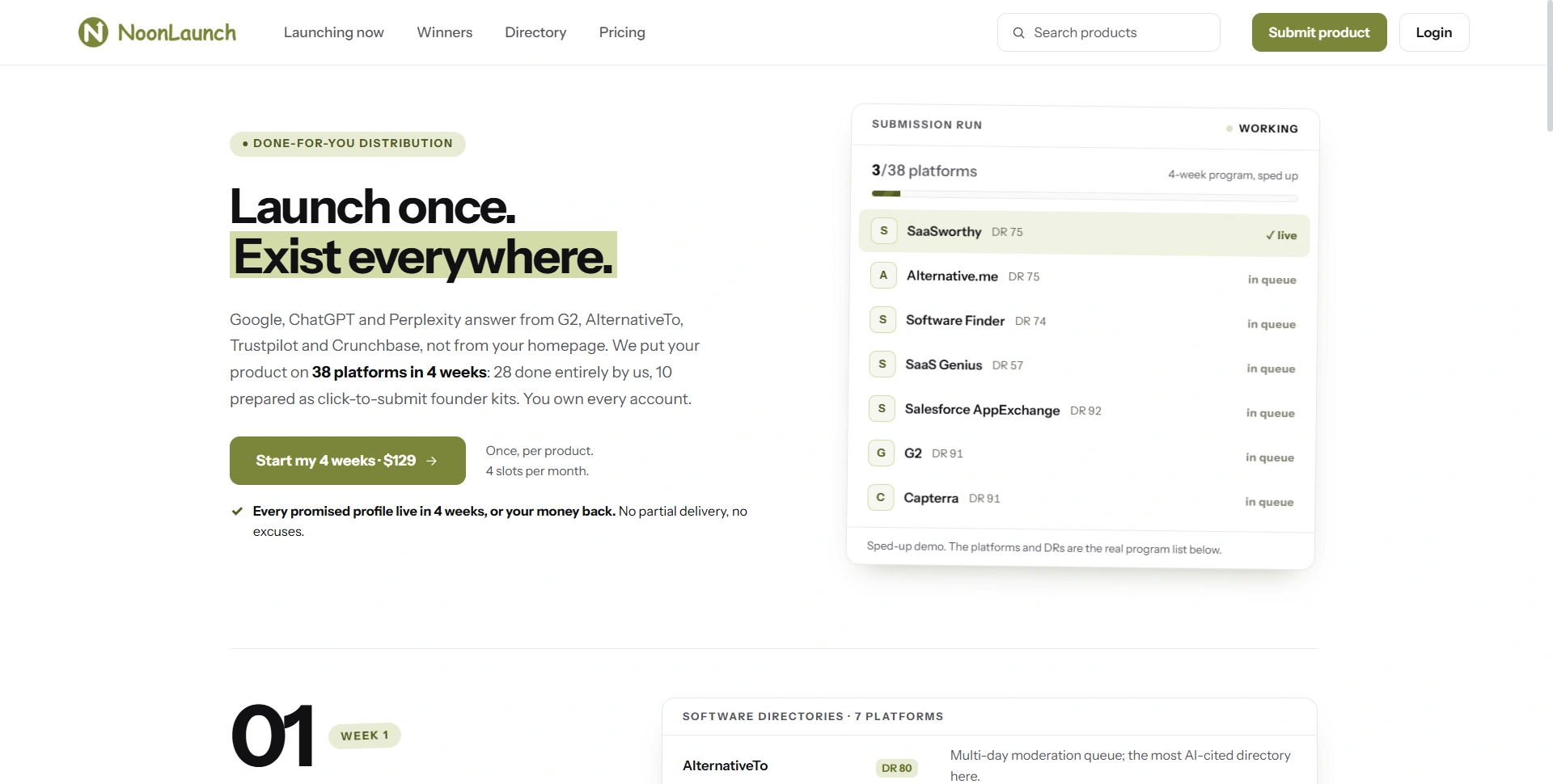 NoonLaunch Digital Footprint overview showing the $129 four-week program, 38 platforms and founder-kit split