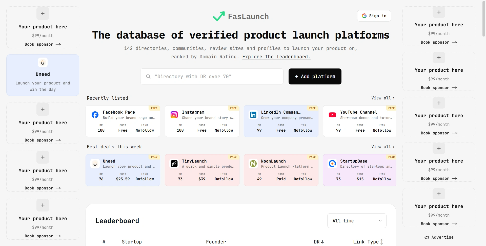 FasLaunch platform database showing Domain Rating, cost and link type for launch platforms