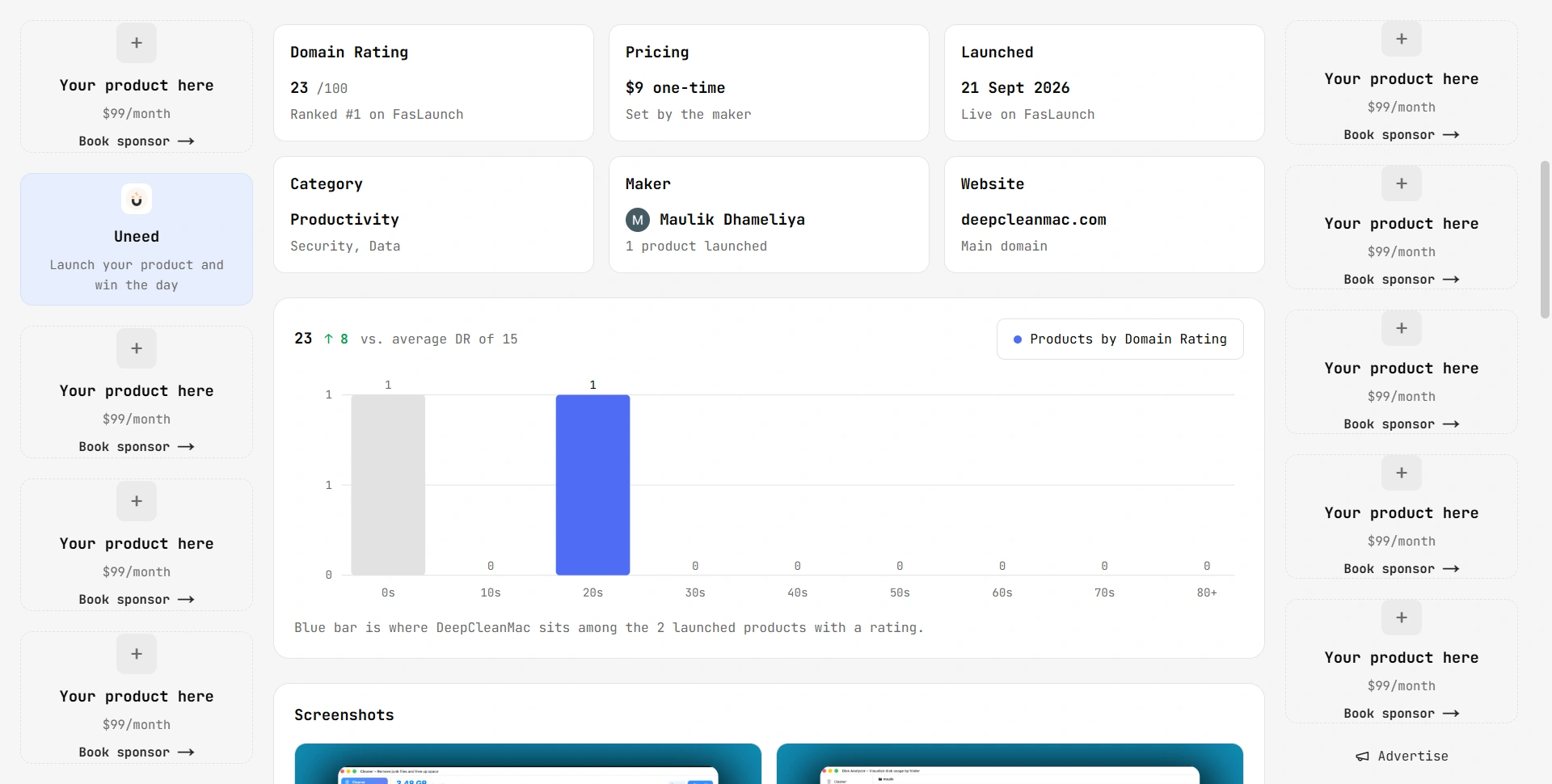 FasLaunch product page showing Domain Rating, pricing, launch date, category and maker for DeepCleanMac