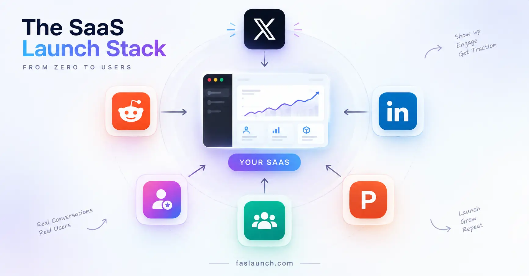 The FasLaunch SaaS launch stack: X, LinkedIn, Reddit, Product Hunt and direct outreach feeding into one product