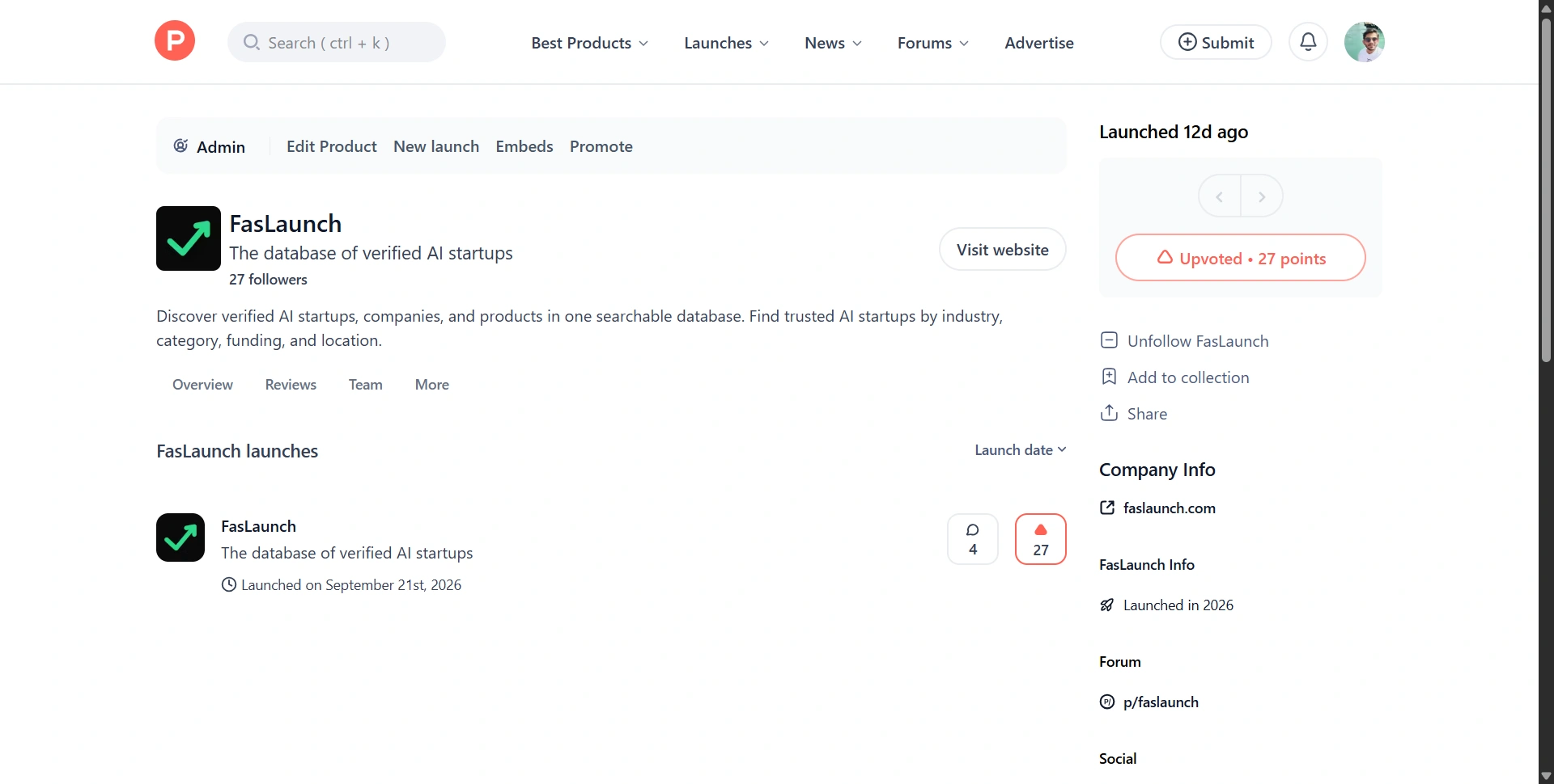 FasLaunch's Product Hunt launch history, showing comment and upvote counts and the exact launch date