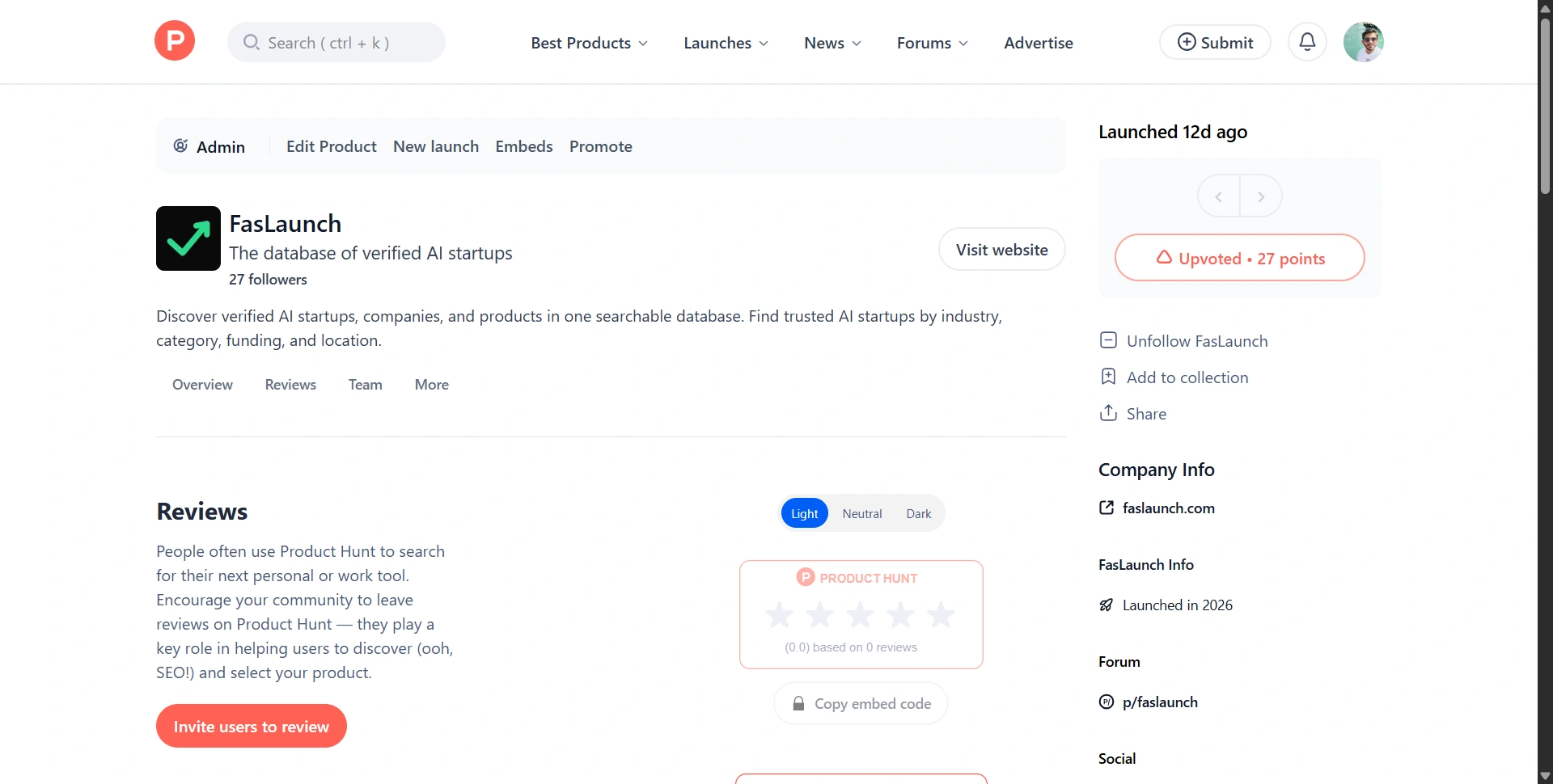FasLaunch's own Product Hunt listing page, with a logo, tagline, description, follower count and a Visit website button