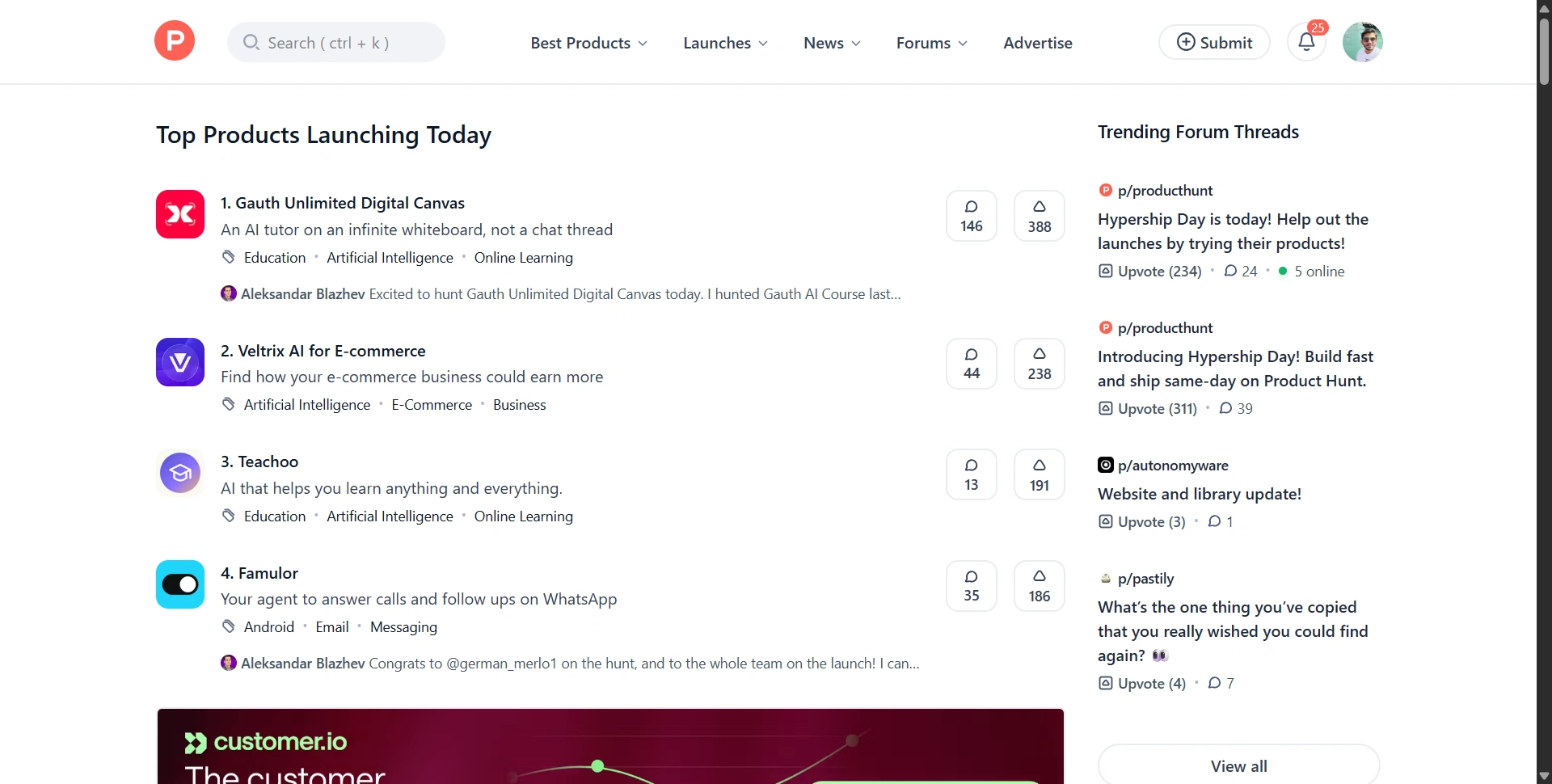 Product Hunt's homepage showing the top products launching today, each competing for attention