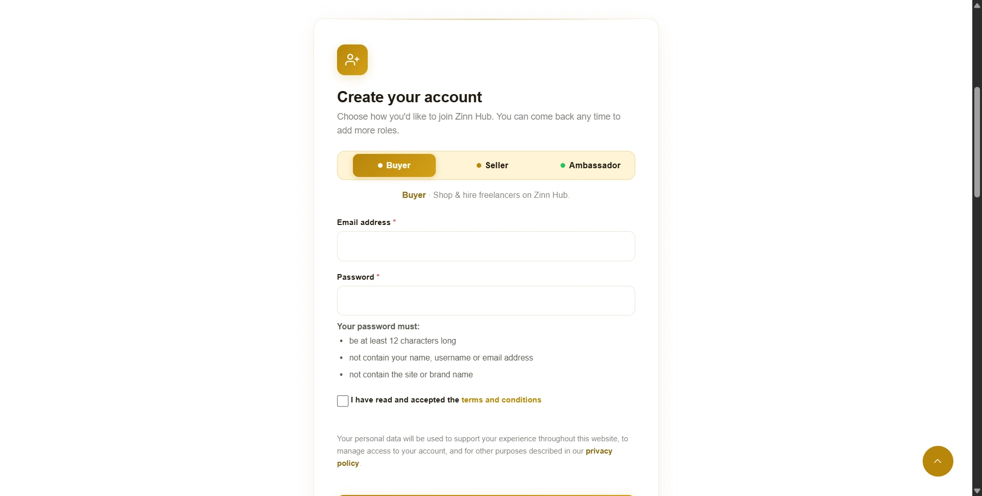 Zinn Hub registration form showing buyer, seller and ambassador account roles