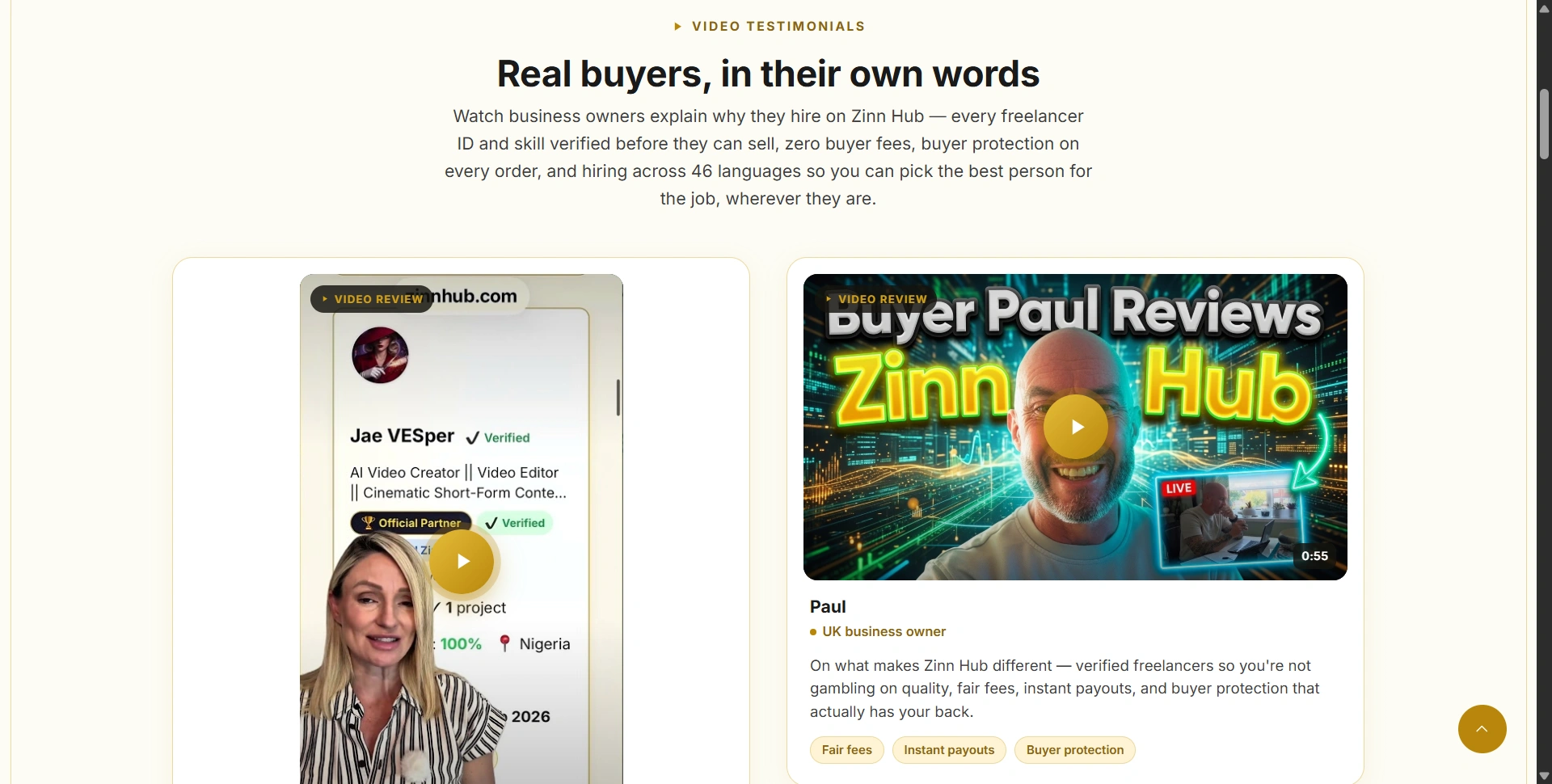 Buyer video testimonials displayed on Zinn Hub's own website