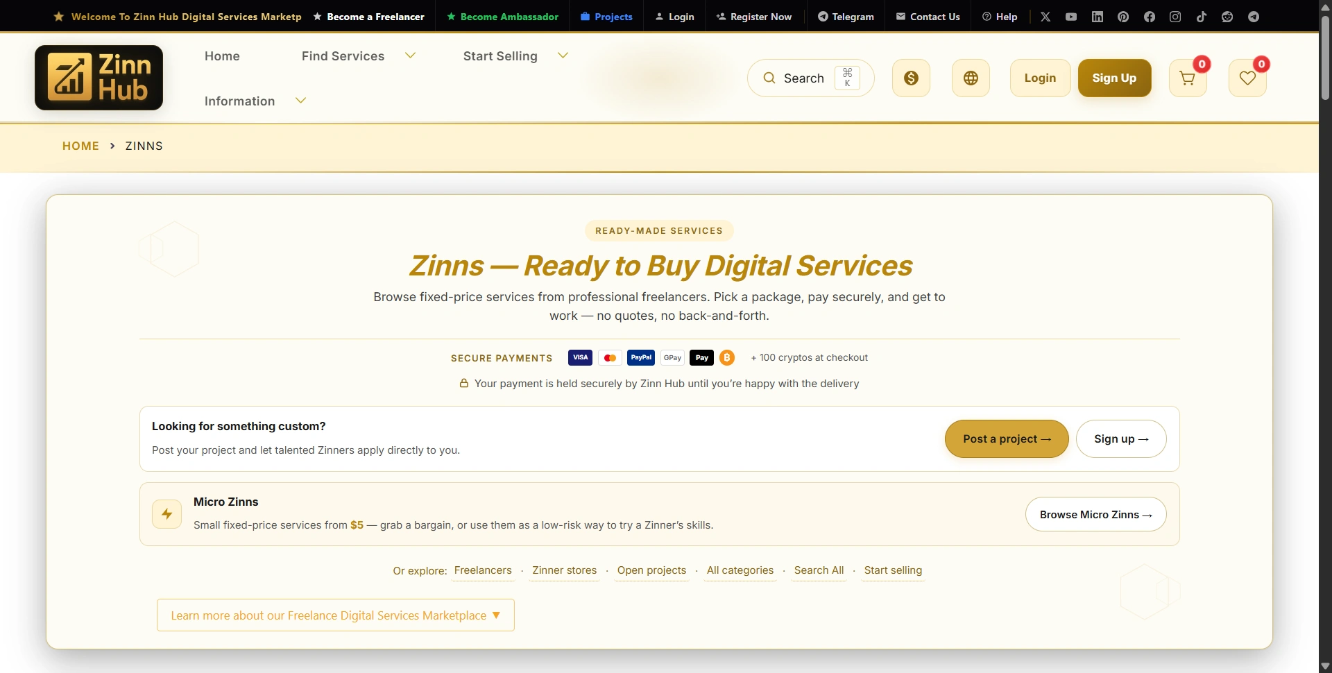 Zinn Hub fixed-price services page with custom project and Micro Zinn options