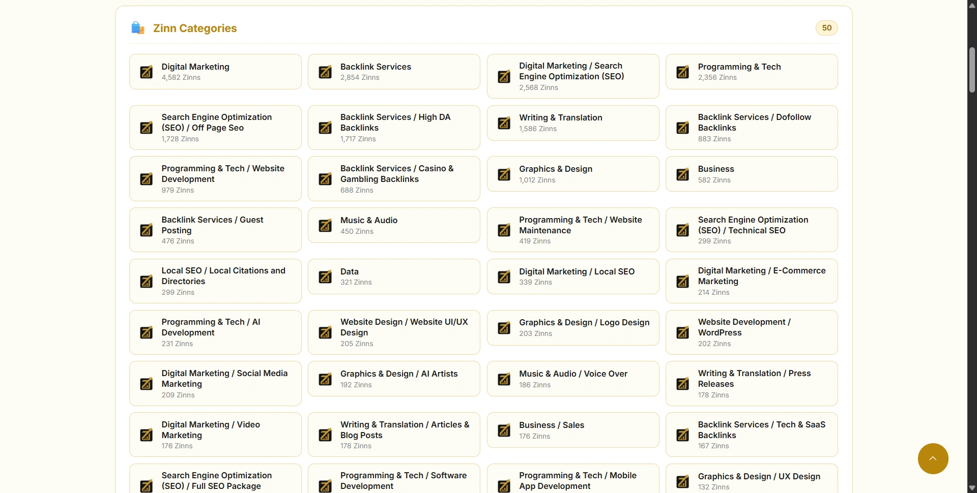 Zinn Hub service categories including marketing, programming, writing and design