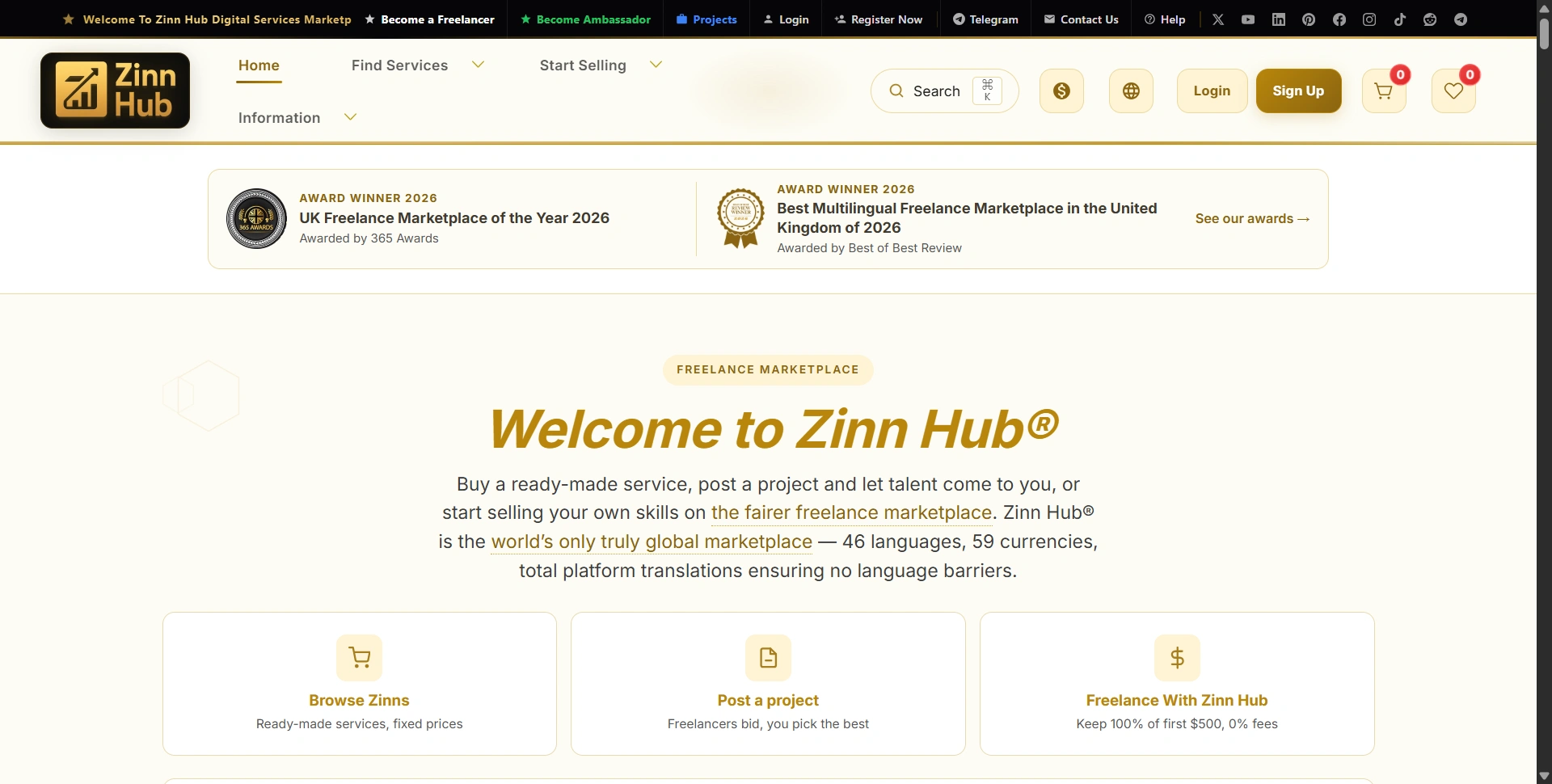 Zinn Hub homepage showing three ways to use the freelance marketplace